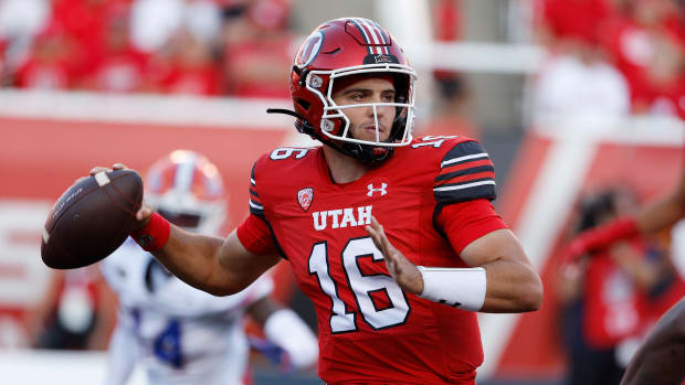 Aug 31, 2023; Salt Lake City, Utah, USA; Utah Utes quarterback Bryson Barnes (16) looks to pass against the Florida Gators at Rice-Eccles Stadium. Mandatory Credit: Jeff Swinger-USA TODAY Sports